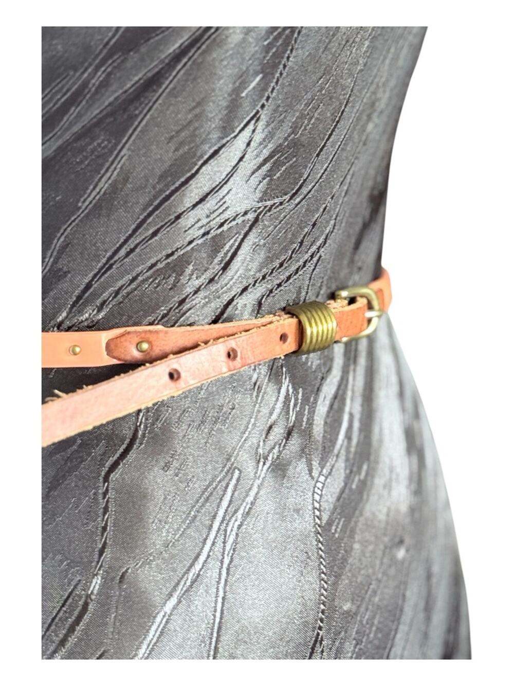 Skinny Two Tone Pink Tan Leather Waist Belt Antique Brass Buckle
